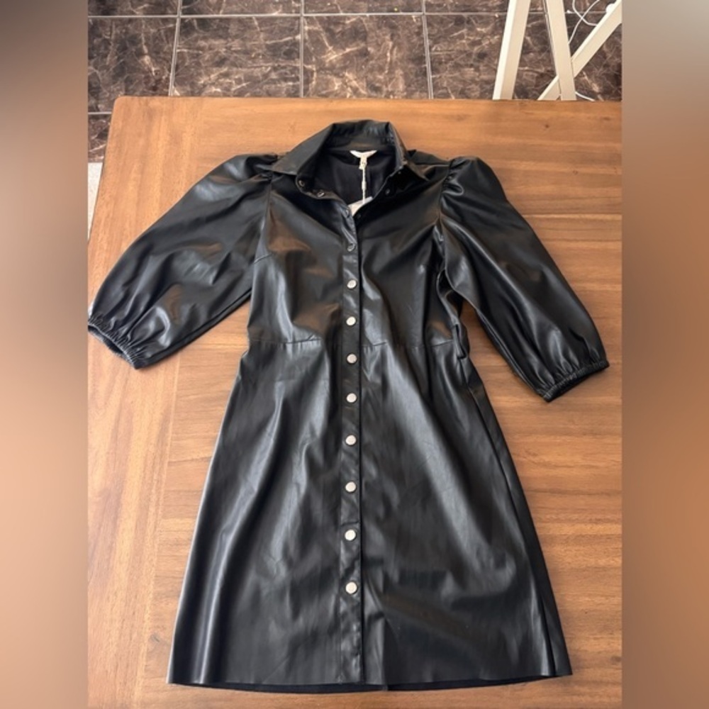 Esquali Black Faux Leather Button-Up Dress 4 NWT